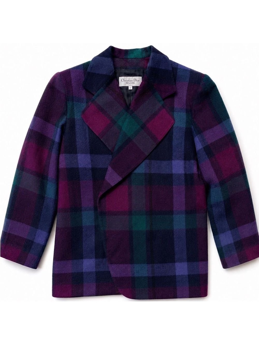 Vintage Christian Dior Wool Plaid Blazer Women’s 6 Purple Blue